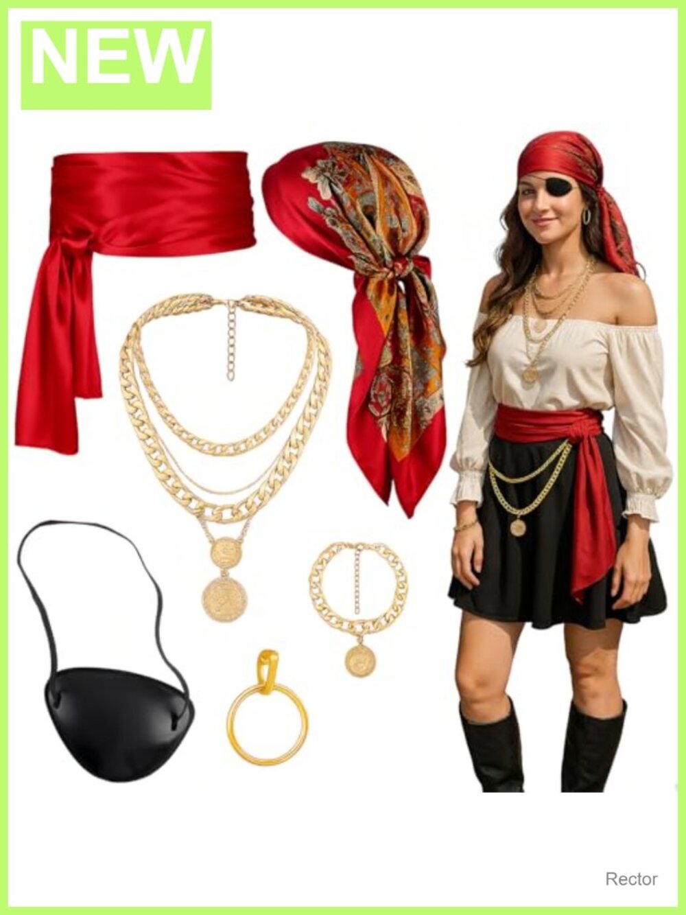 Pirate Costume Accessory Set Head Scarf Sash Belt Gold Tone Alloy